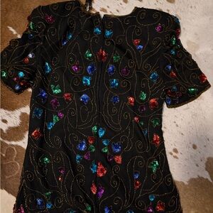 Vintage Black Sequin Floral Short-Sleeve Top